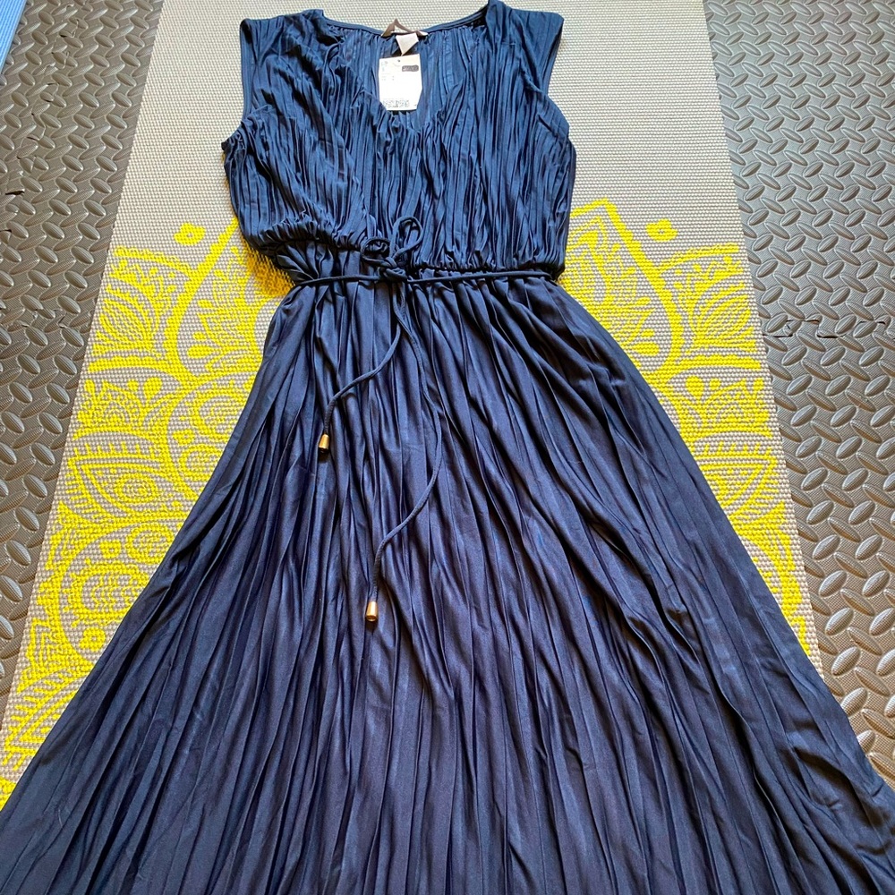 H&M Dark Navy Pleated Maxi Dress with Waist Tie